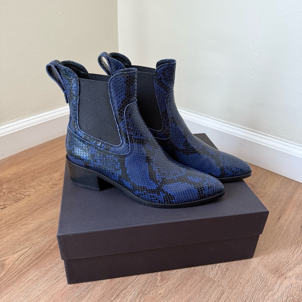 NEW Veronica Beard Blue Wells Faux-Snakeskin Leather Boots
